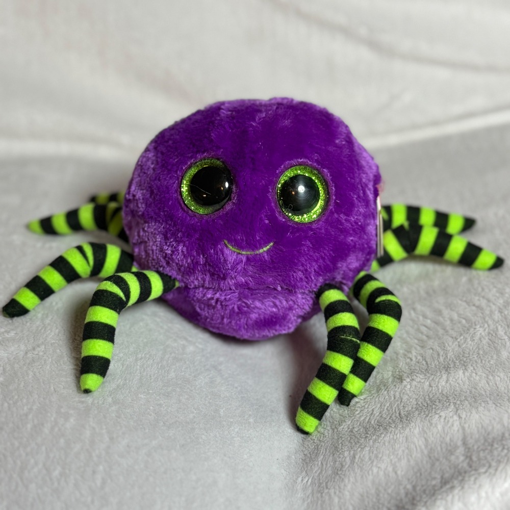 Ty Beanie Boos Crawly Purple Halloween Spider Plush 6" Green Striped Legs NWT